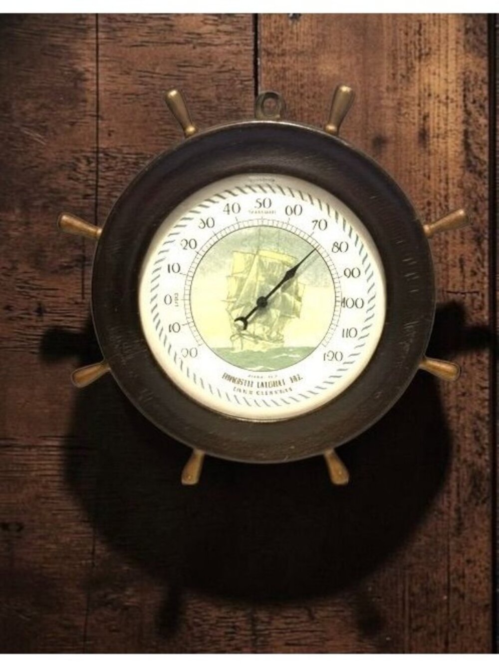 Vintage Ship Wheel Nautical Wall Thermometer With Sailing Ship Design